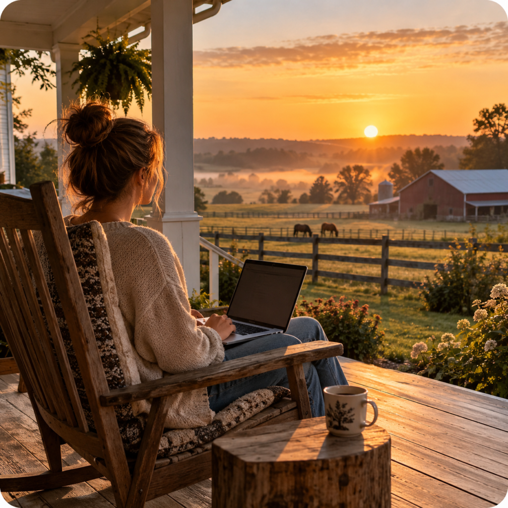Woman working on a laptop from her farmhouse porch at sunrise in a rural farming community.